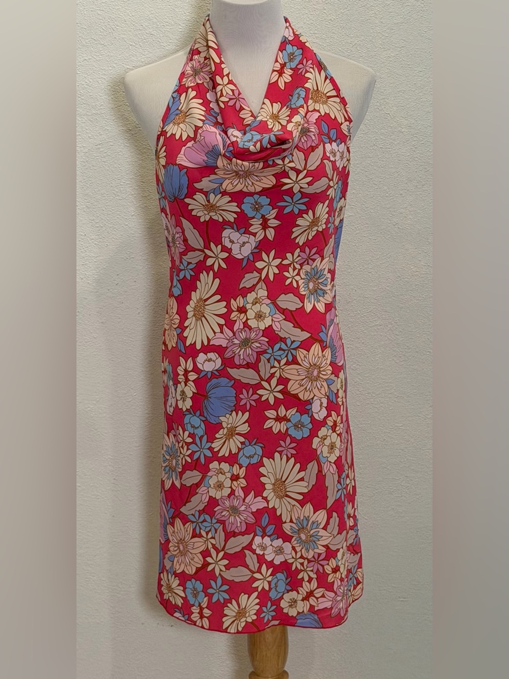 See You Monday Pink Floral Halter Cowl Neck Dress Large Y2K Retro Mod Sleeveless